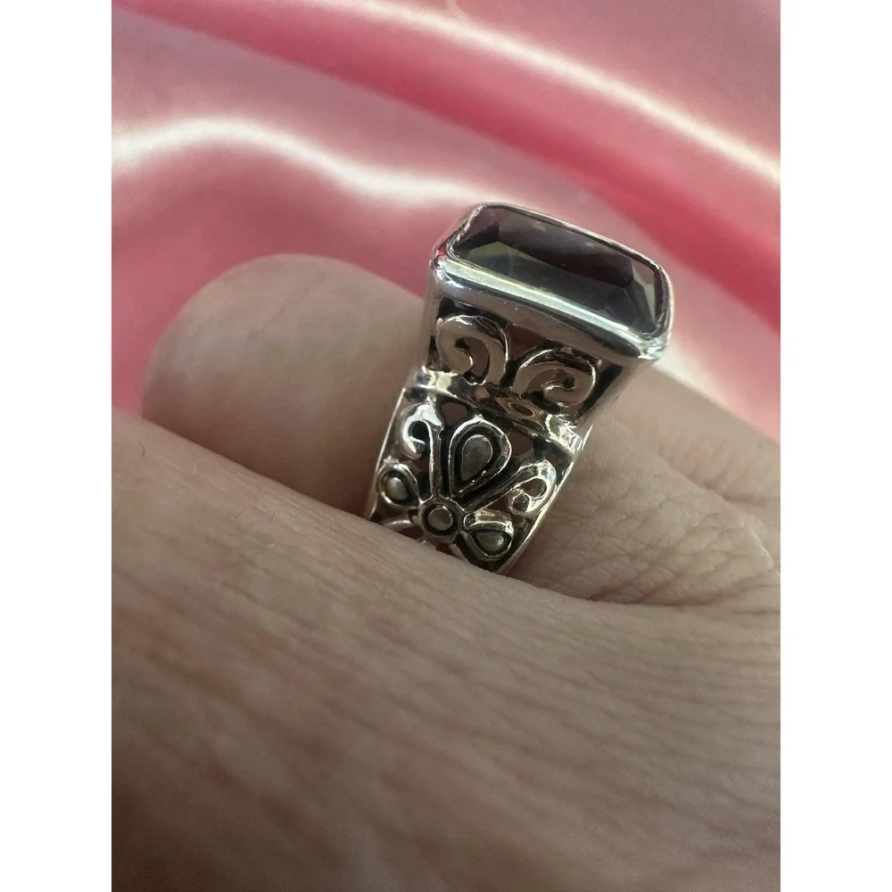 VTG 925 Sterling Silver Amethyst Ring Womens‎ Cushion Bezel Filigree Bali Style